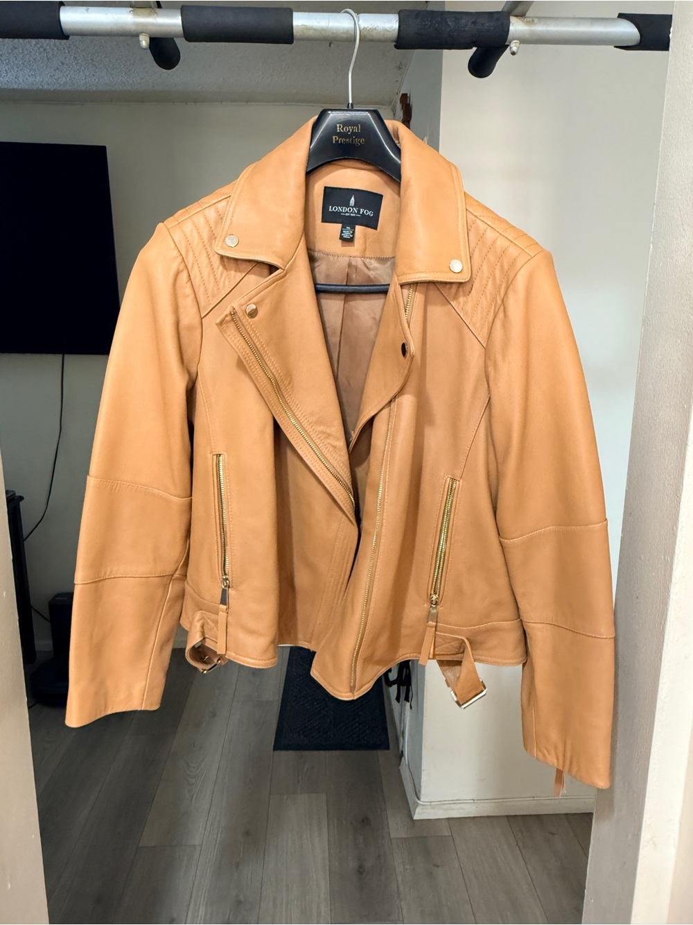 London Fog Camel/Tan Leather Moto Jacket with Zip PocketsXL